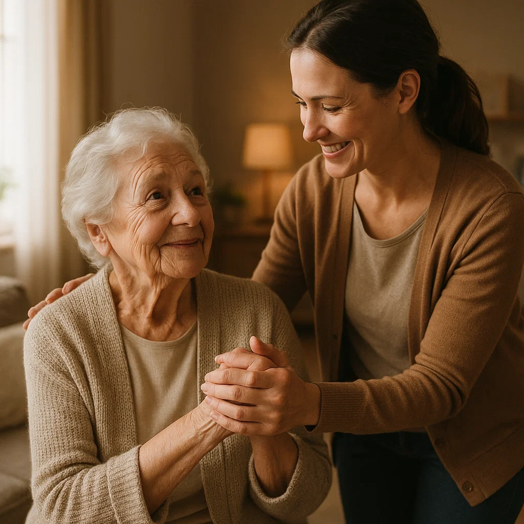 Fröhliches Gespräch und Unterstützung bei einer Seniorin zuhause